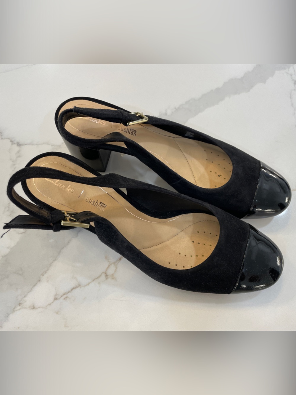 Clarks Black Suede Slingback Block Heel Pumps